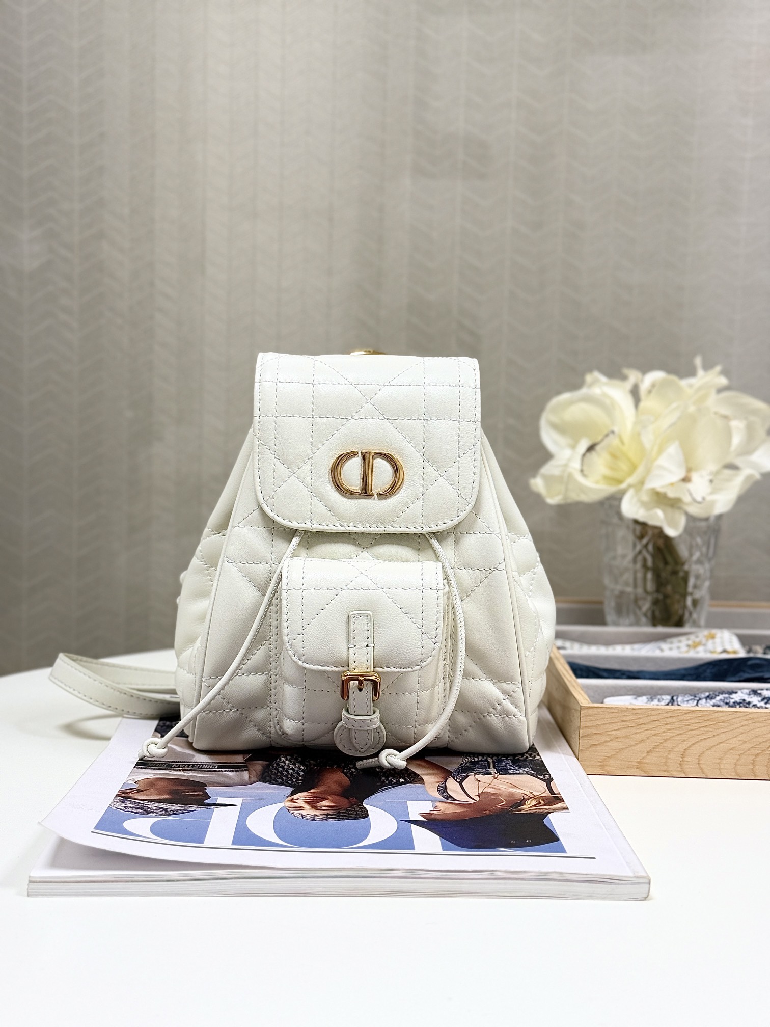 Bagsaaa Small D10r Caro Backpack Latte Macrocannage Lambskin - 19.5 x 18.5 x 8.5 cm