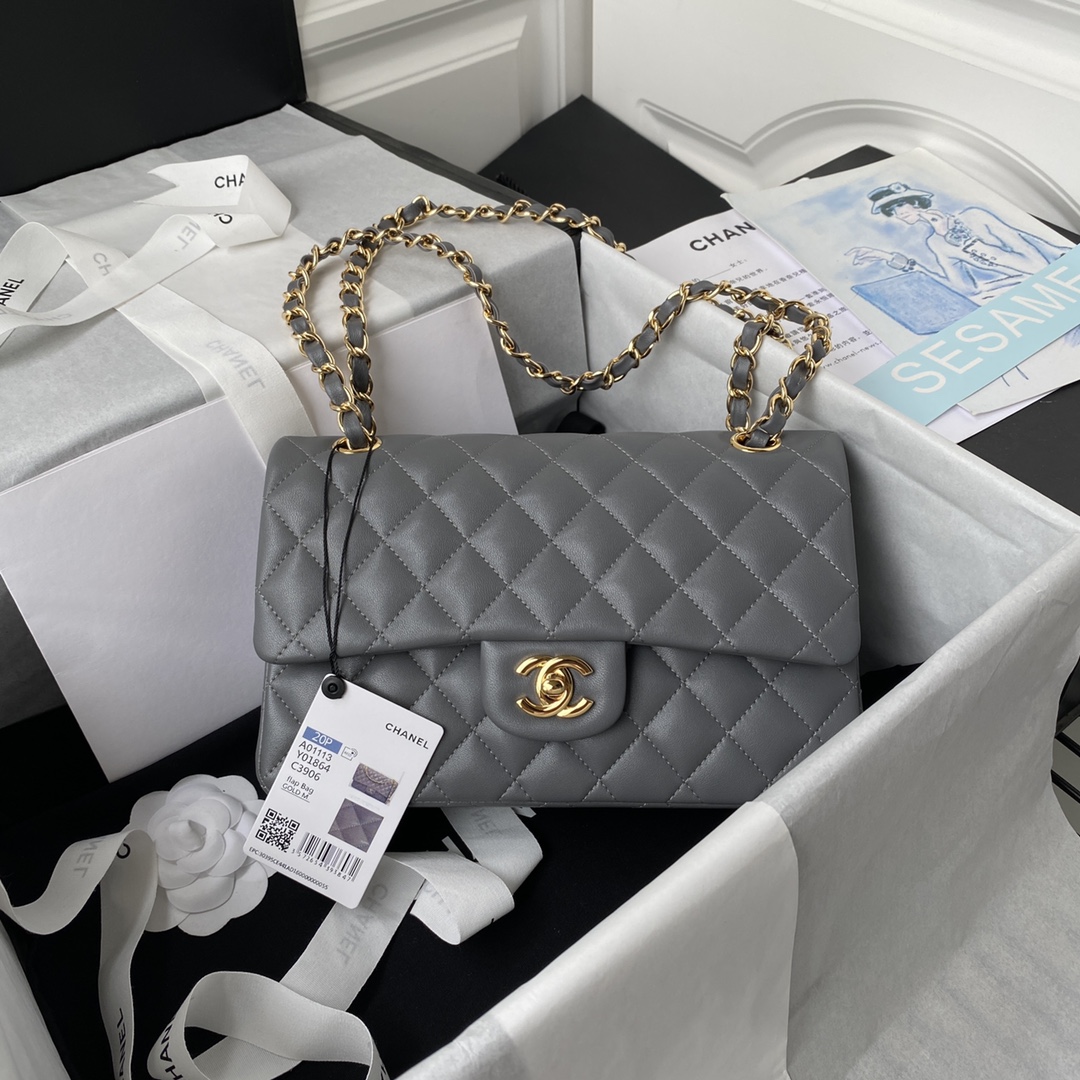 Bagsaaa Ch**el Flap Bag Gray Lambskin & Gold Hardware - 23cm