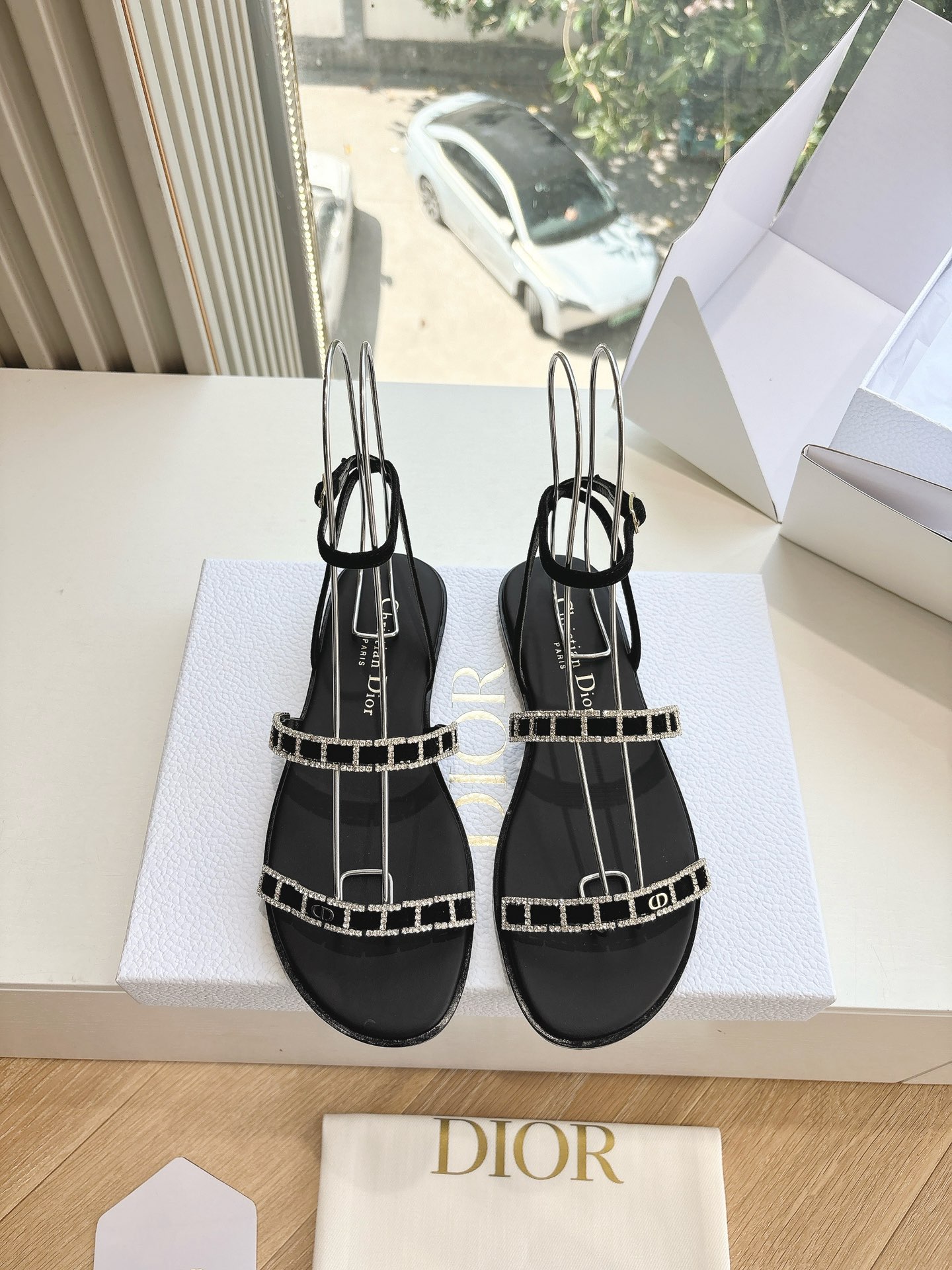 Bagsaaa D10rissime Sandal Black Suede Goatskin and Silver-Tone Strass