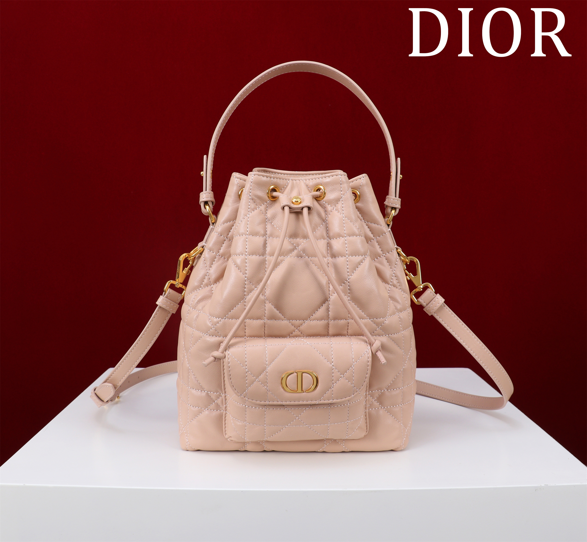 Bagsaaa Small D10r Caro Bucket Bag Powder Pink Macrocannage Lambskin - 24cm