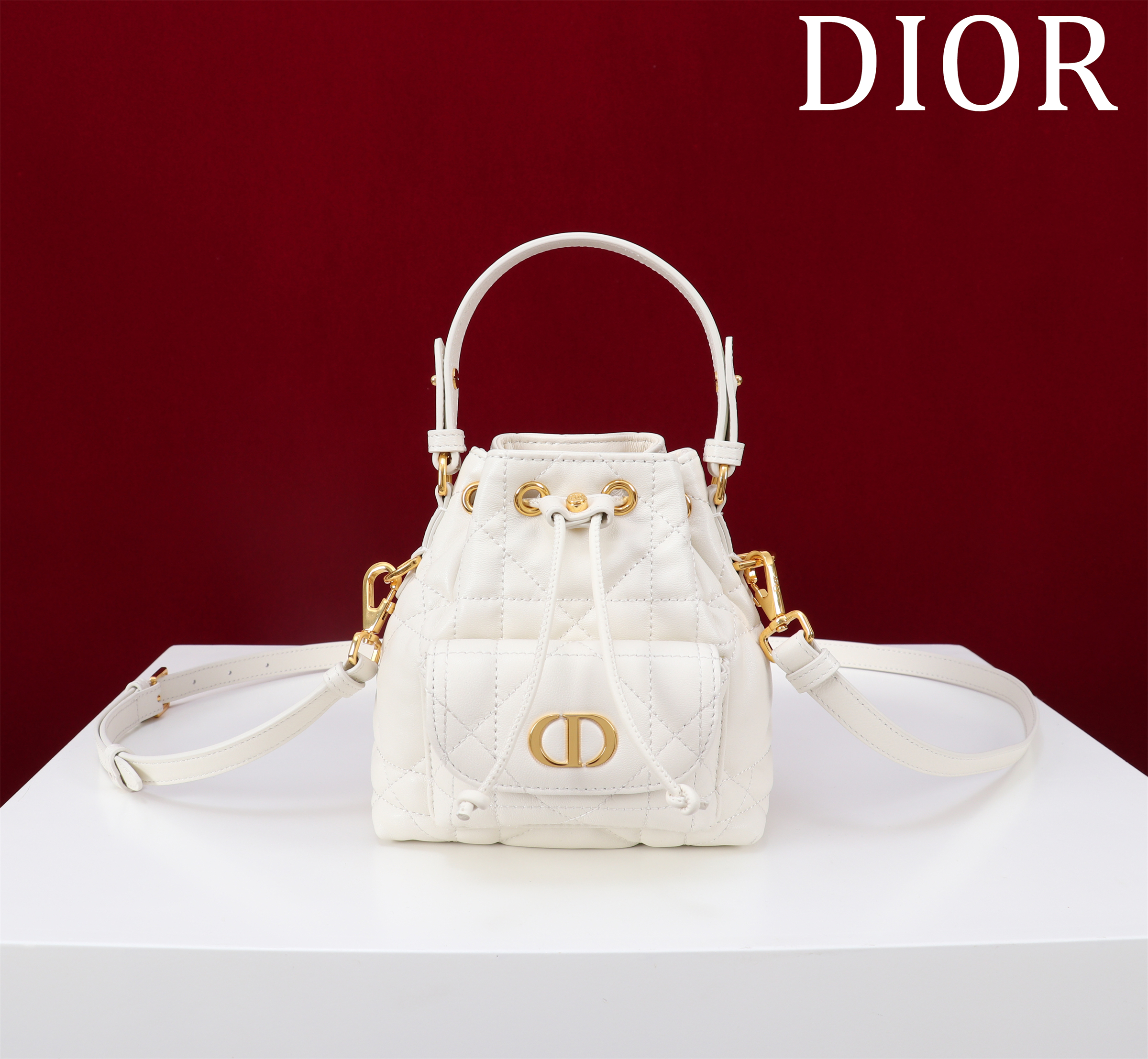Bagsaaa D10r Caro Nano Bucket Bag White Macrocannage Lambskin - 15cm