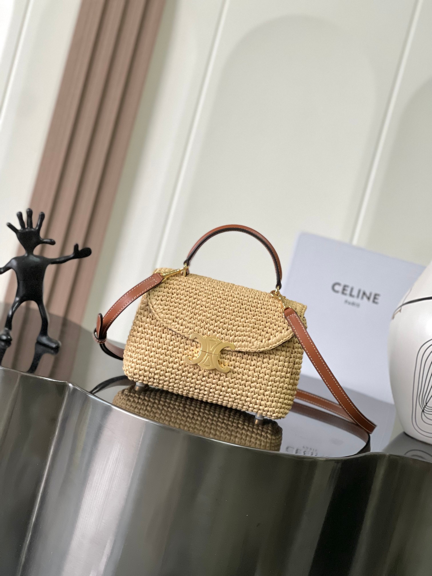 Bagsaaa Ce1i*e Teen Nino Bag In Raffia and calfskin 119672 - 20.5cm