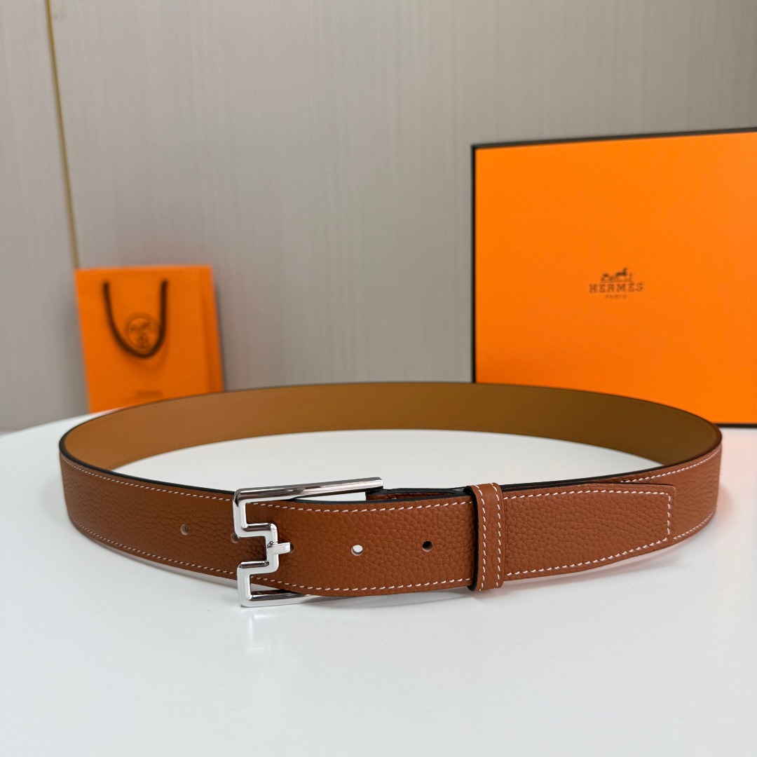 Bagsaaa H**me5 Belt Brown & Silver - 3.5cm