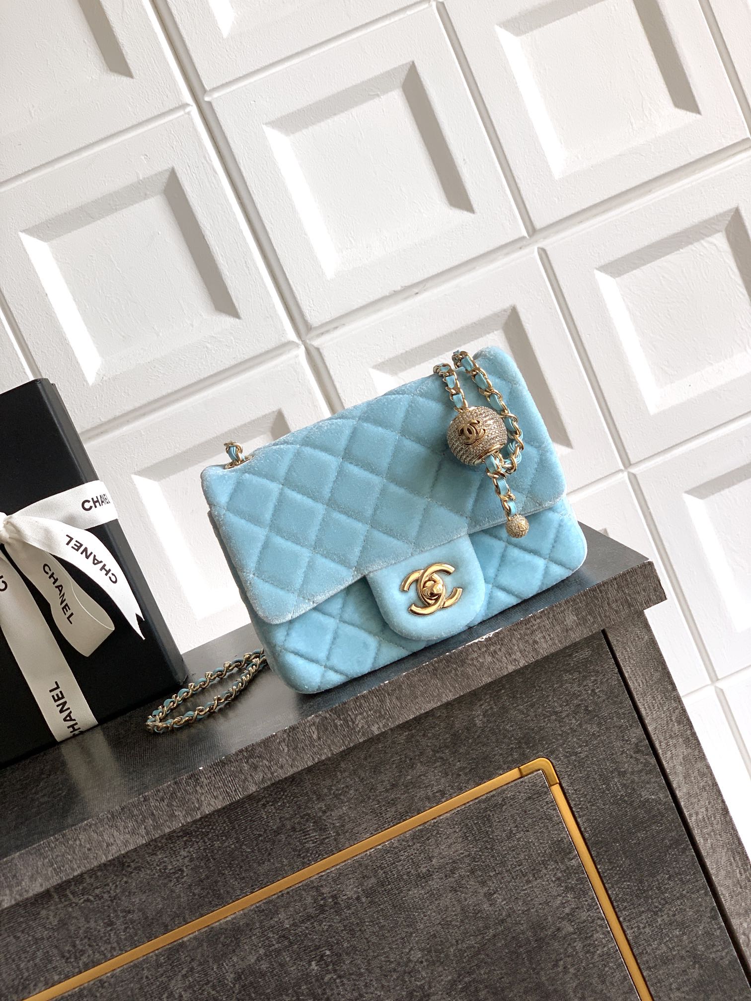 Bagsaaa Ch**el Mini Flap Bag AS1786 Blue Velvet - 18cm