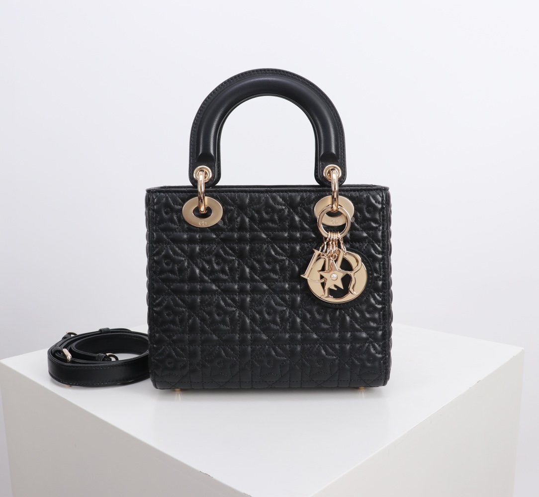 Bagsaa Small Lady D10r Bag Black Cannage Lambskin with Star Motif - 20cm