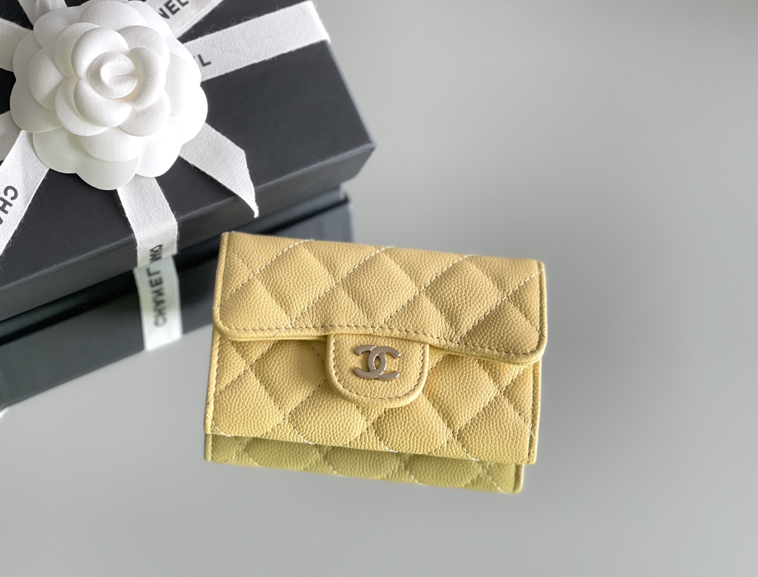Bagsaaa Ch**el Classic Card Holder Grained Calfskin Yellow - 11.3cm