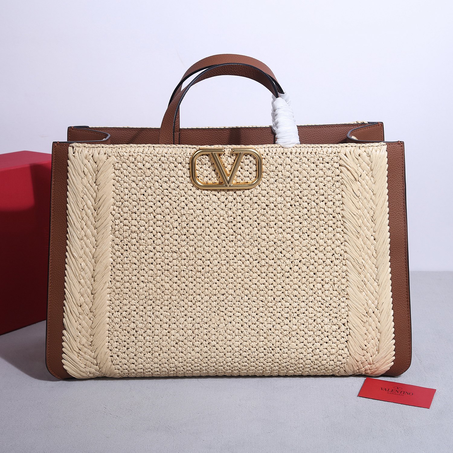 Bagsaaa Va1e*ntin0 Garavani VLogo Signature raffia tote bag with brown leather - 48cm