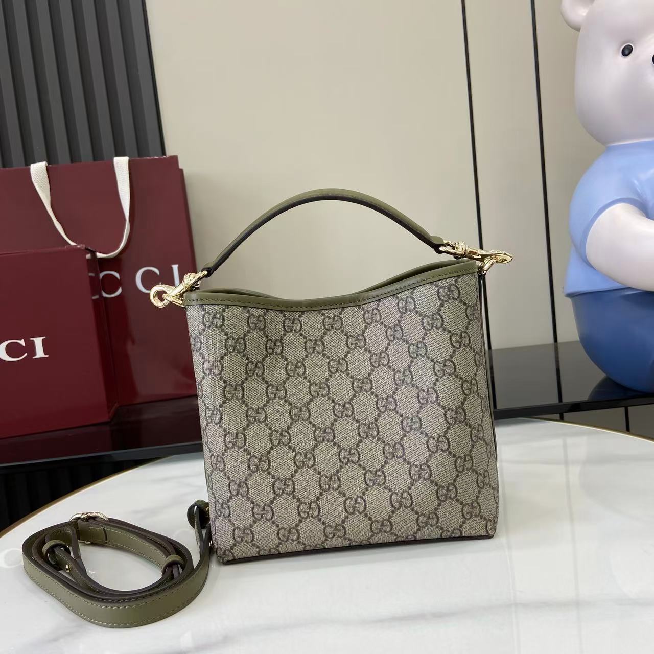 Bagsaaa Gvc*1 GG Emblem Mini Bucket Bag 815118 beige & olive - 19x18x11 cm