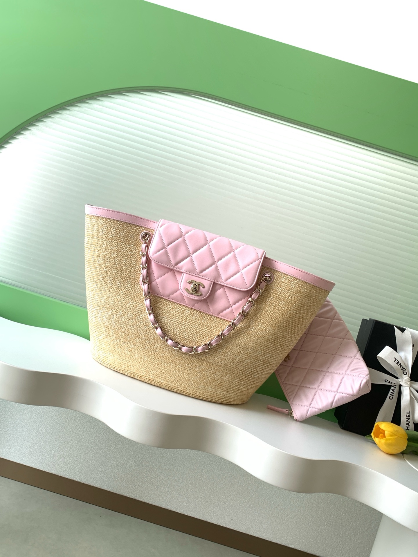Bagsaaa Ch**el Large Shopping Bag AS5952 Beige & Pink - 54cm