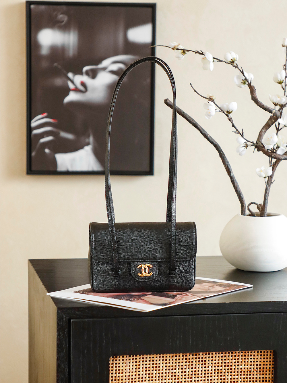 Bagsaaa Ch**el Spring Summer 2026 Clutch with Leather Strap AP5068 black - 17cm