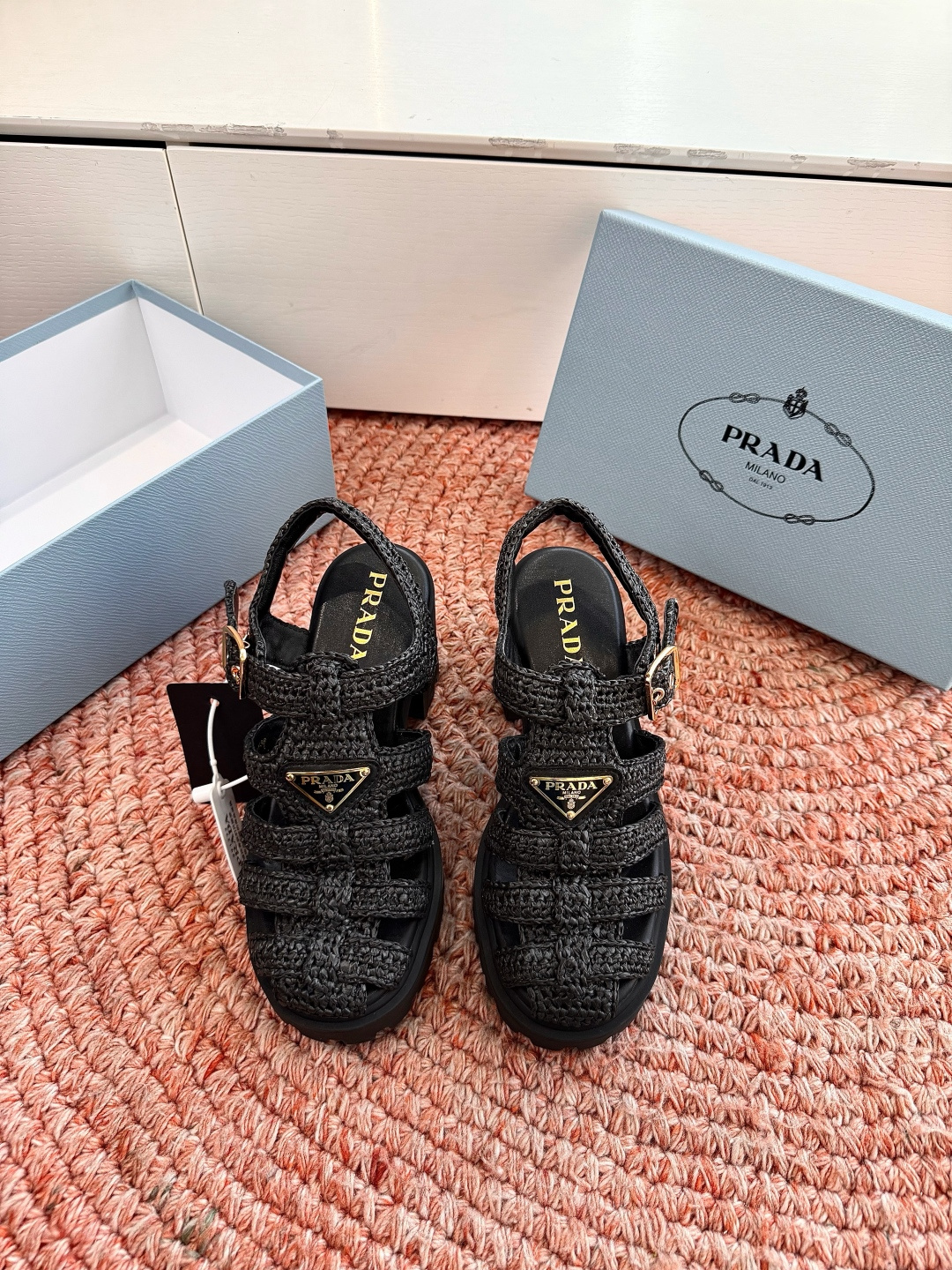 Bagsaaa Pra*a Women's Monolith Crochet Cage Sandals black